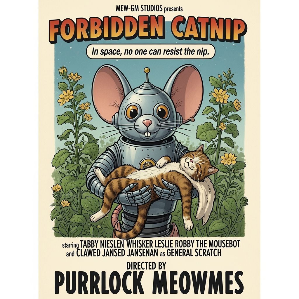 Forbidden Catnip: Giant Robot Mouse & Cat 1950s Sci-Fi Poste...