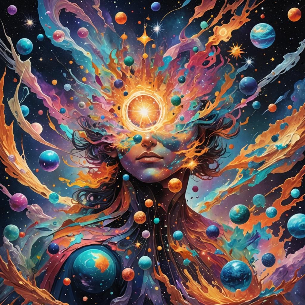 Holographic Cosmos Splintered in Mixed Media Illustration