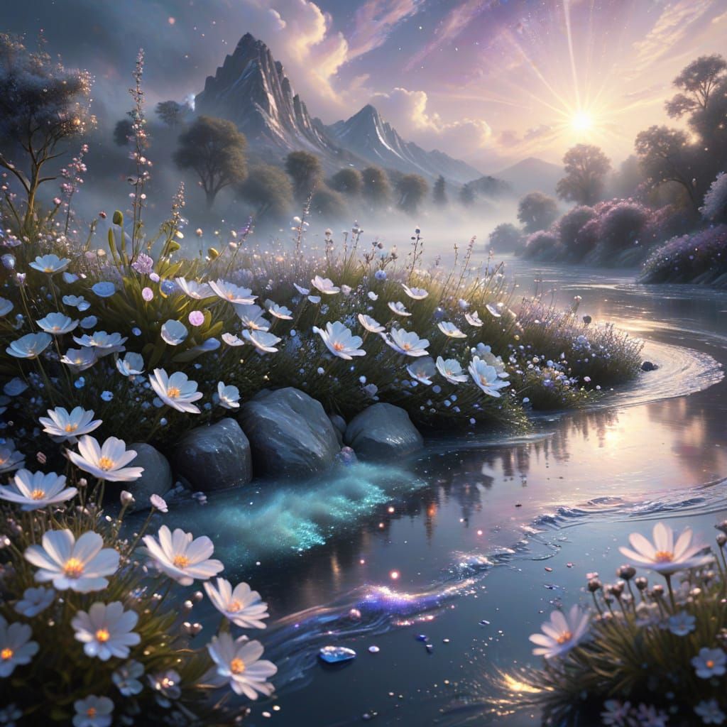 Ethereal Fantasy Landscape with Shimmering Clouds and Glitte...