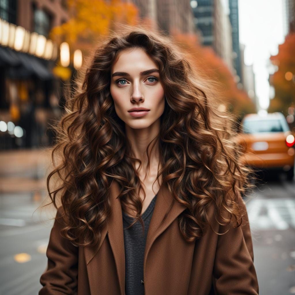 Girl with Brown Hair Walking in Autumn, New York