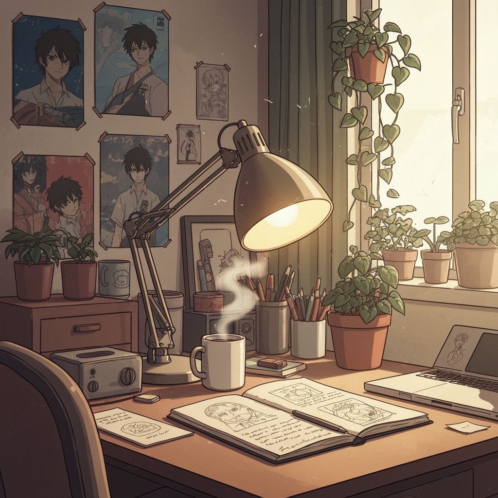 Cozy Lo-Fi Anime Desk Scene with Vintage Lamp and Plants