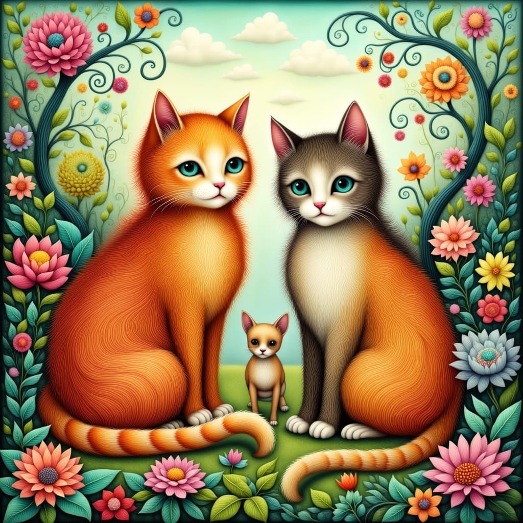 Majestic Felines and Whimsical Flowers in Dreamlike Setting
