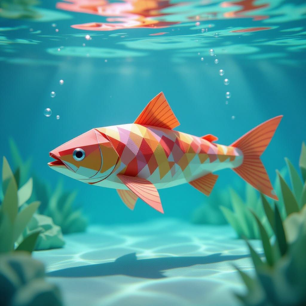 Origami Trout in Surreal Underwater Papercraft