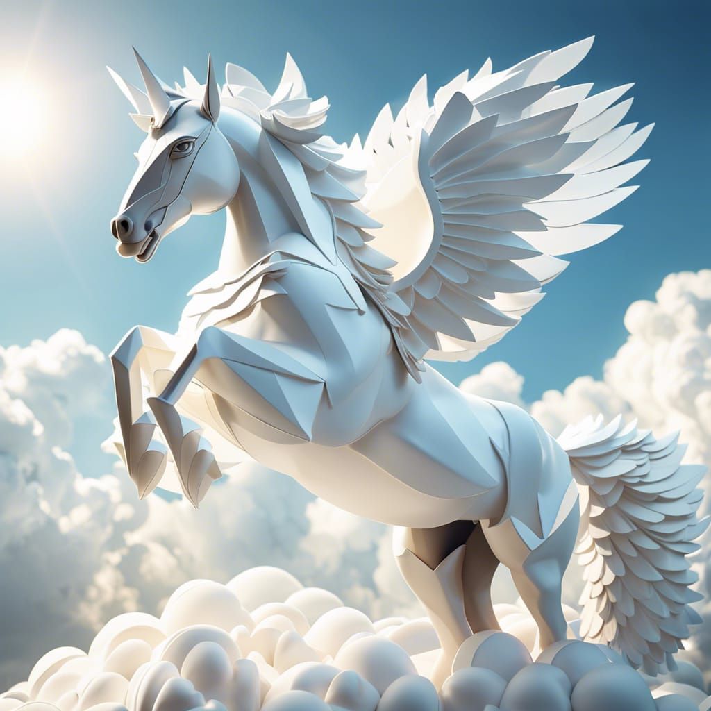 Ethereal Origami Pegasus Evolving from Clouds