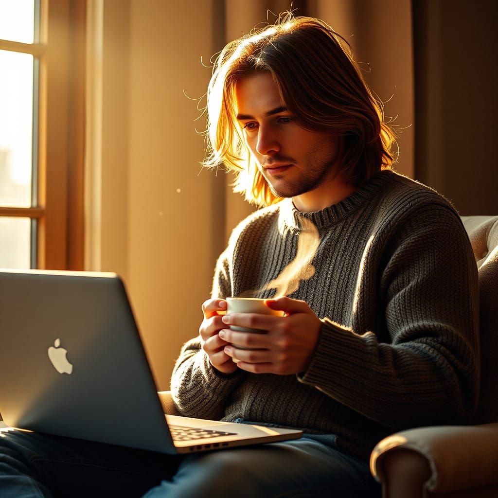 Man in Cozy Winter Scene, Flowing Hair and Laptop by Window