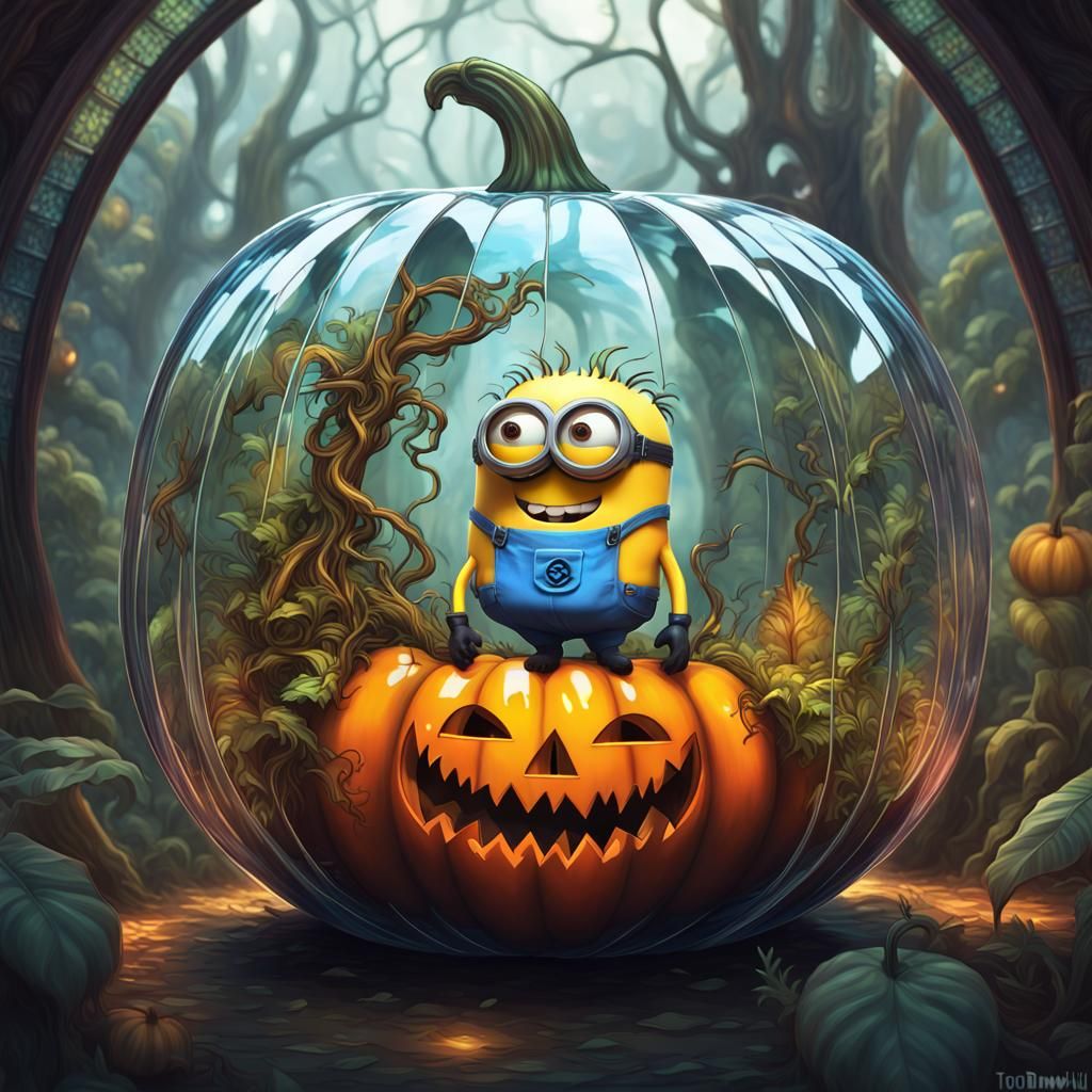 little funny minion in the jungle carved in a transparent stained glass pumpkin