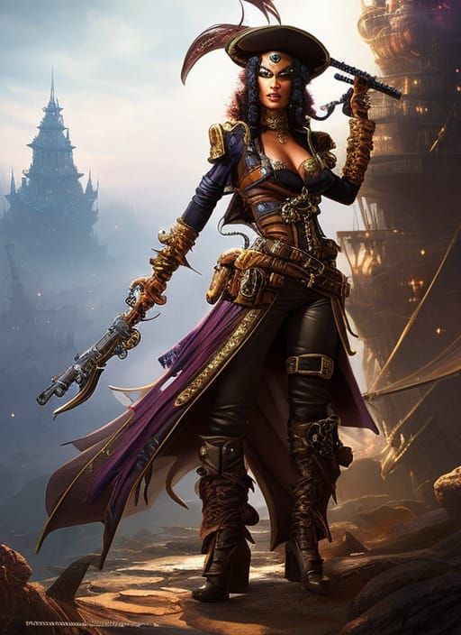 Steampunk Airship Pirate Woman in Detailed Digital Painting