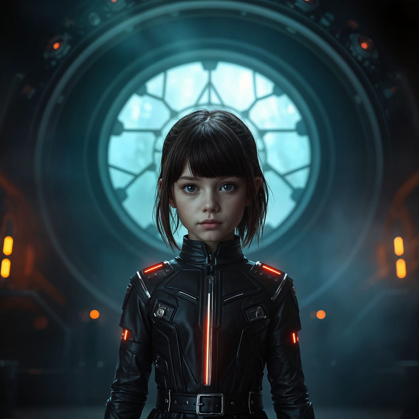 Girl in Futuristic Spaceship at Center Window