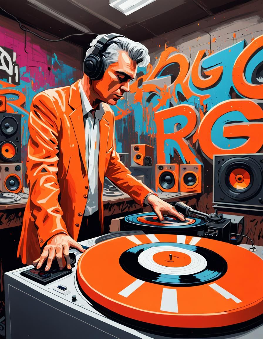 Graffiti Art: Neon David Byrne Listening to Music