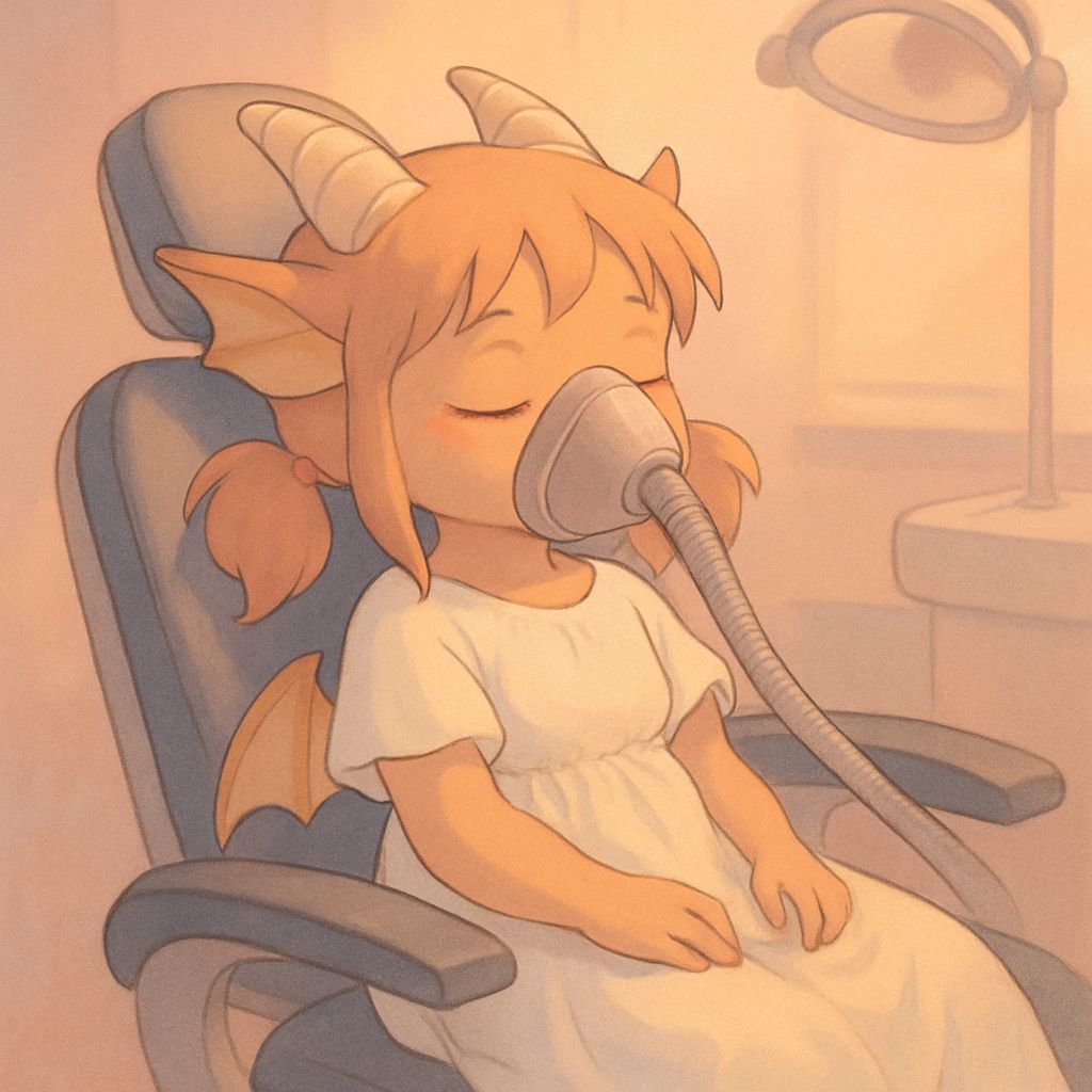 Anime Baby Dragon in Dentist Chair, Ghibli Style