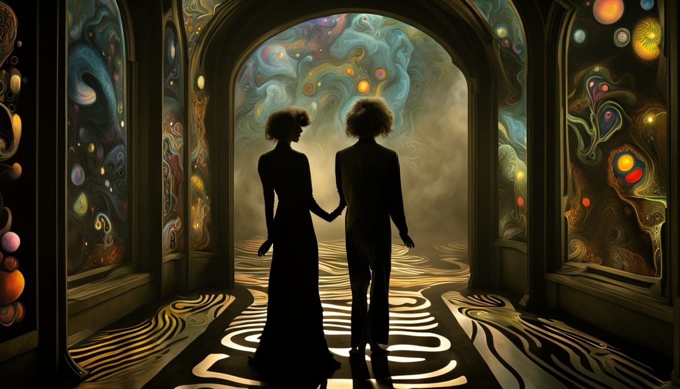 fuzrry dancing critters acrylic wash painted on glass couture inside out luminescent  dust waves metalorganic cosmic bac...