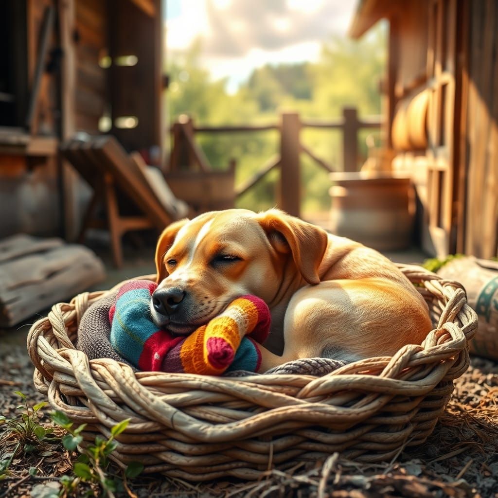 Serene Dog Rests on Sock Pillow in Ethereal Farmyard
