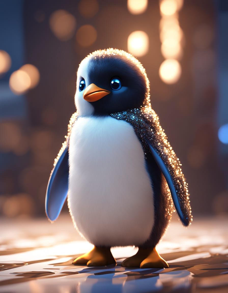 Cute Penguin in Anime Style with Fluffy Fur and Sparkly Eyes
