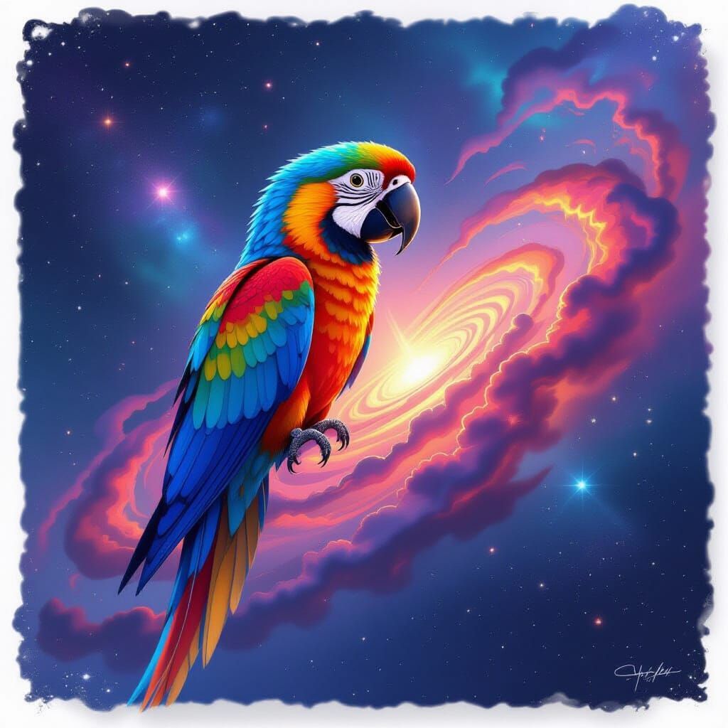 Majestic Parrot on Nebula in Graphic Novel Style