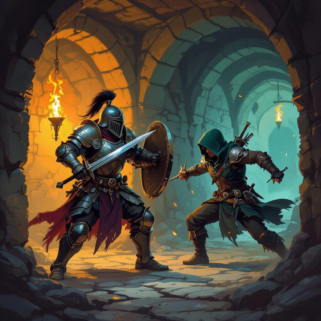 Armored Soldier Fights Thief in Dungeon
