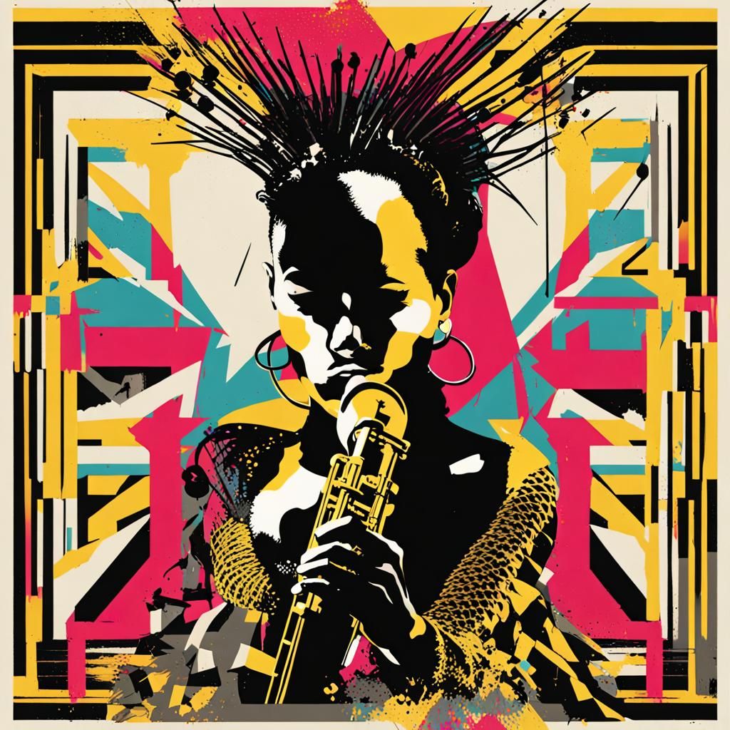 Jazz Punk Queen: Pop Art Portrait in Bauhaus Style