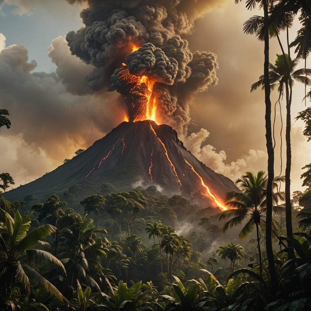 Volcano Eruption in Tropical Jungle at Sunset
