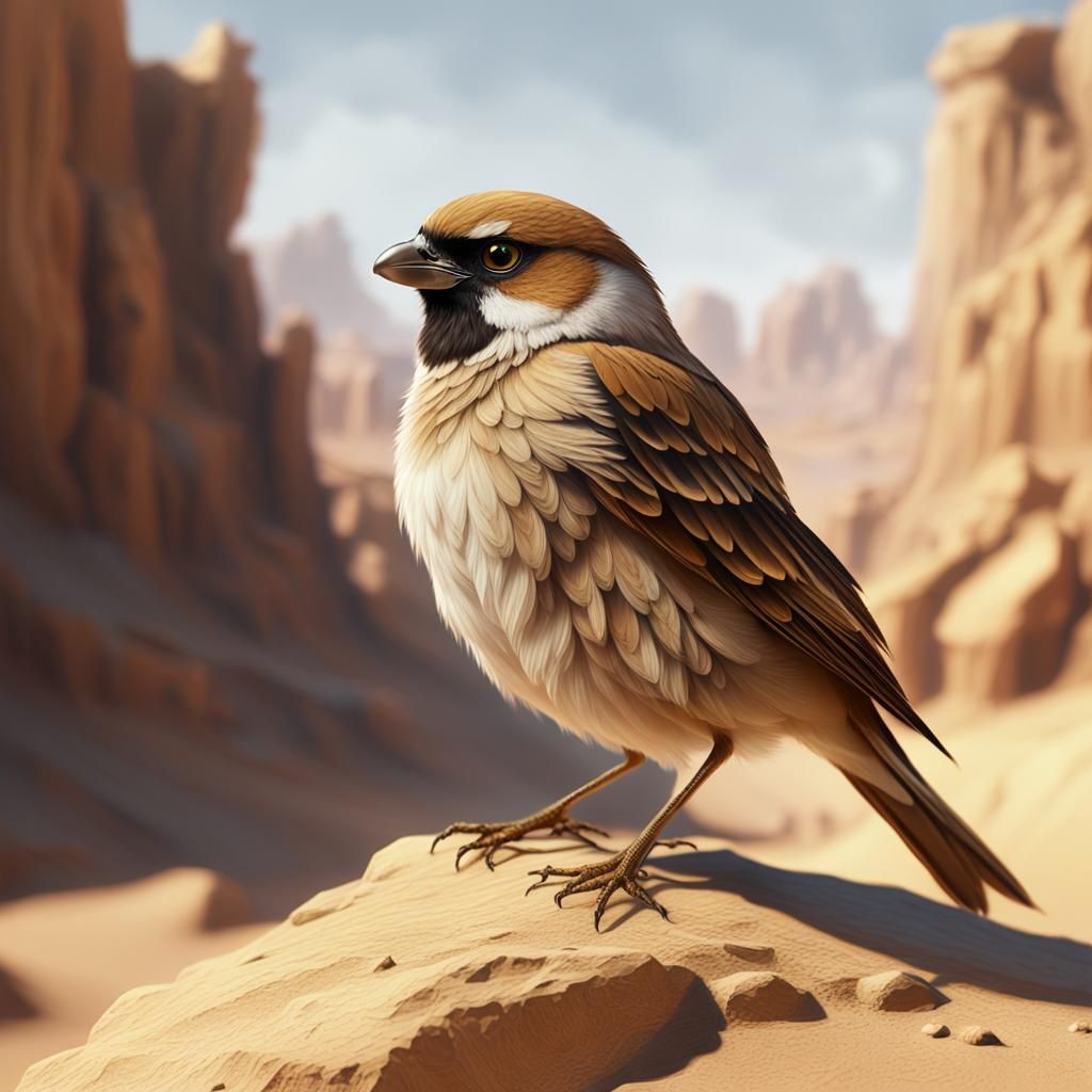 Surreal Desert Scene with a Small, Fantastical Sparrow in Wa...