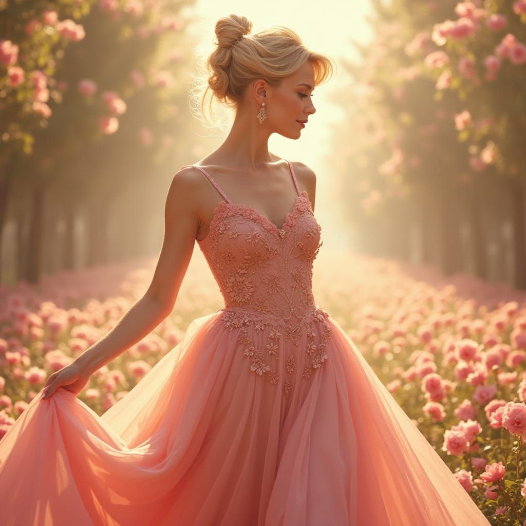 Elegant Blonde Woman in Floral Alley, Art Nouveau Style