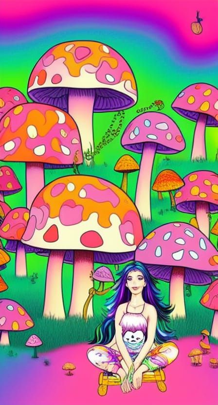 Waifu Living in Mushroom House, Lisa Frank Style