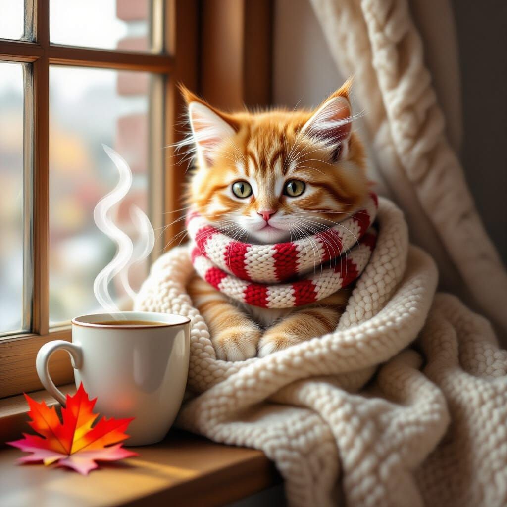 Cozy Kitten on Windowsill with Maple Leaf in 2.5D Anime Styl...