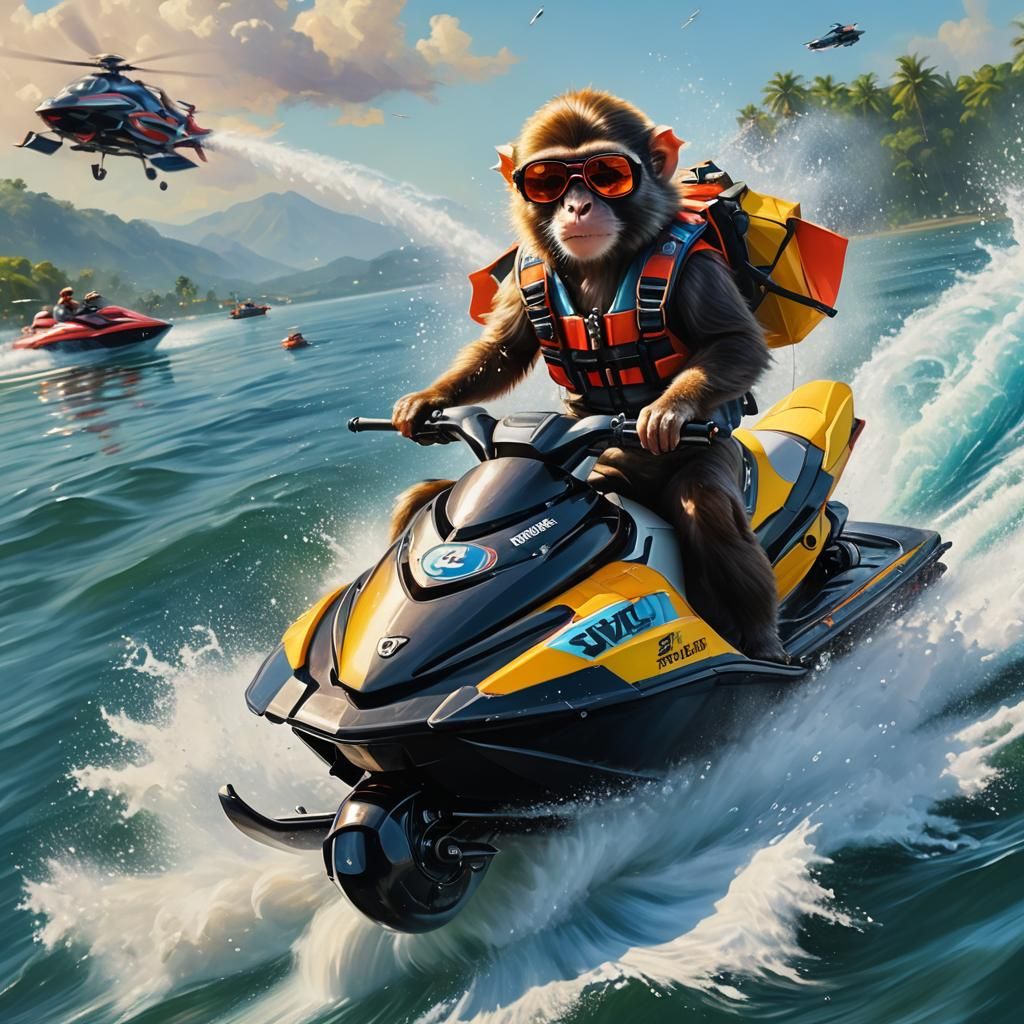 Monkey on Jet Ski: Vibrant Oil Painting