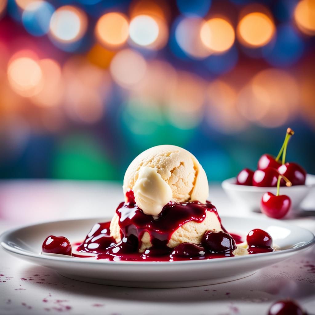 Vanilla Ice Cream with Cherry Sauce: Professional Photo
