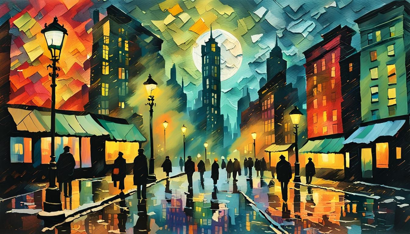 Vibrant Cityscape Collage in Expressionist Style