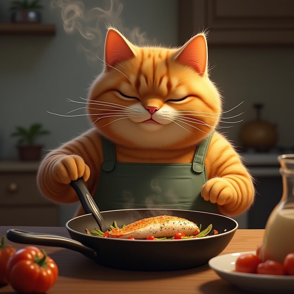 Orange Tabby Cat Enjoying Grilled Fish, Photorealistic Style