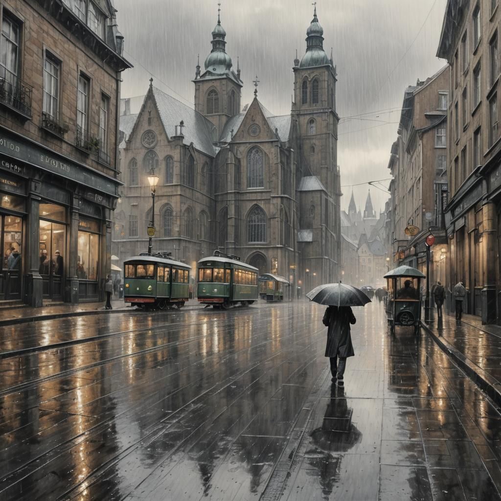 Rainy Old Town in Detailed Pencil Drawing