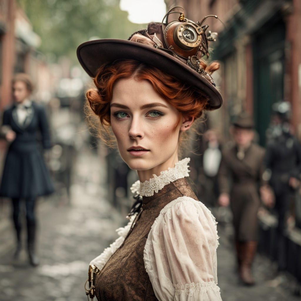 Victorian Steampunk Siren Strolls Down a Bustling Commercial...