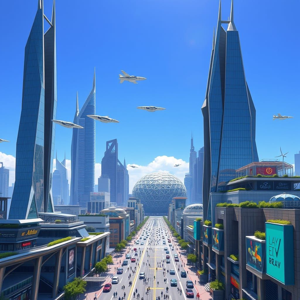 Futuristic Metropolis Unfolds Under Clear Blue Skies