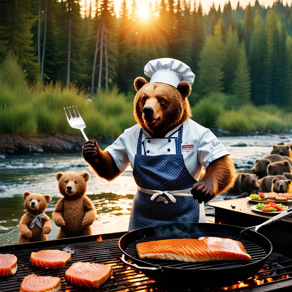 Bear Chef Grilling Salmon: Triadic Color Oil Painting