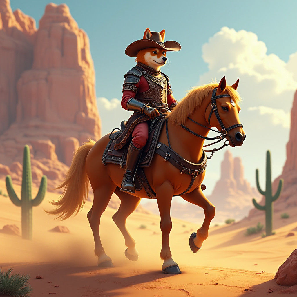 Shiba Inu Cowboy on Horse in Desert Landscape