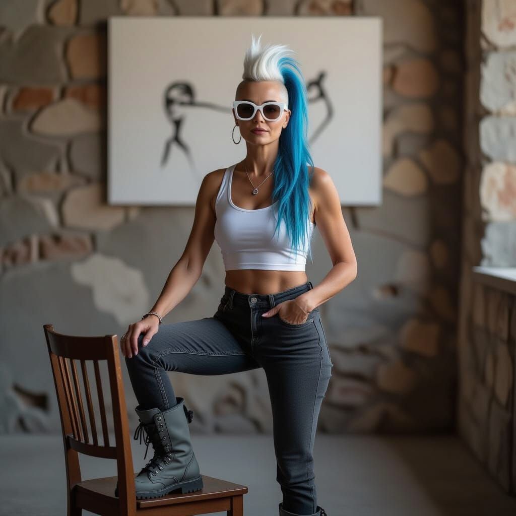 Futuristic Woman with Blue Hair in Industrial Setting