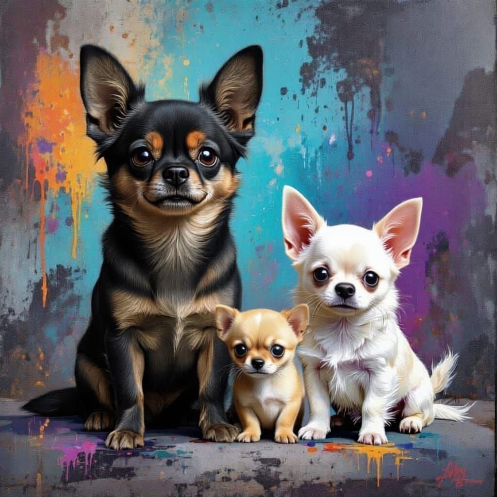 Three Chihuahuas in Vibrant Graffiti Art Style