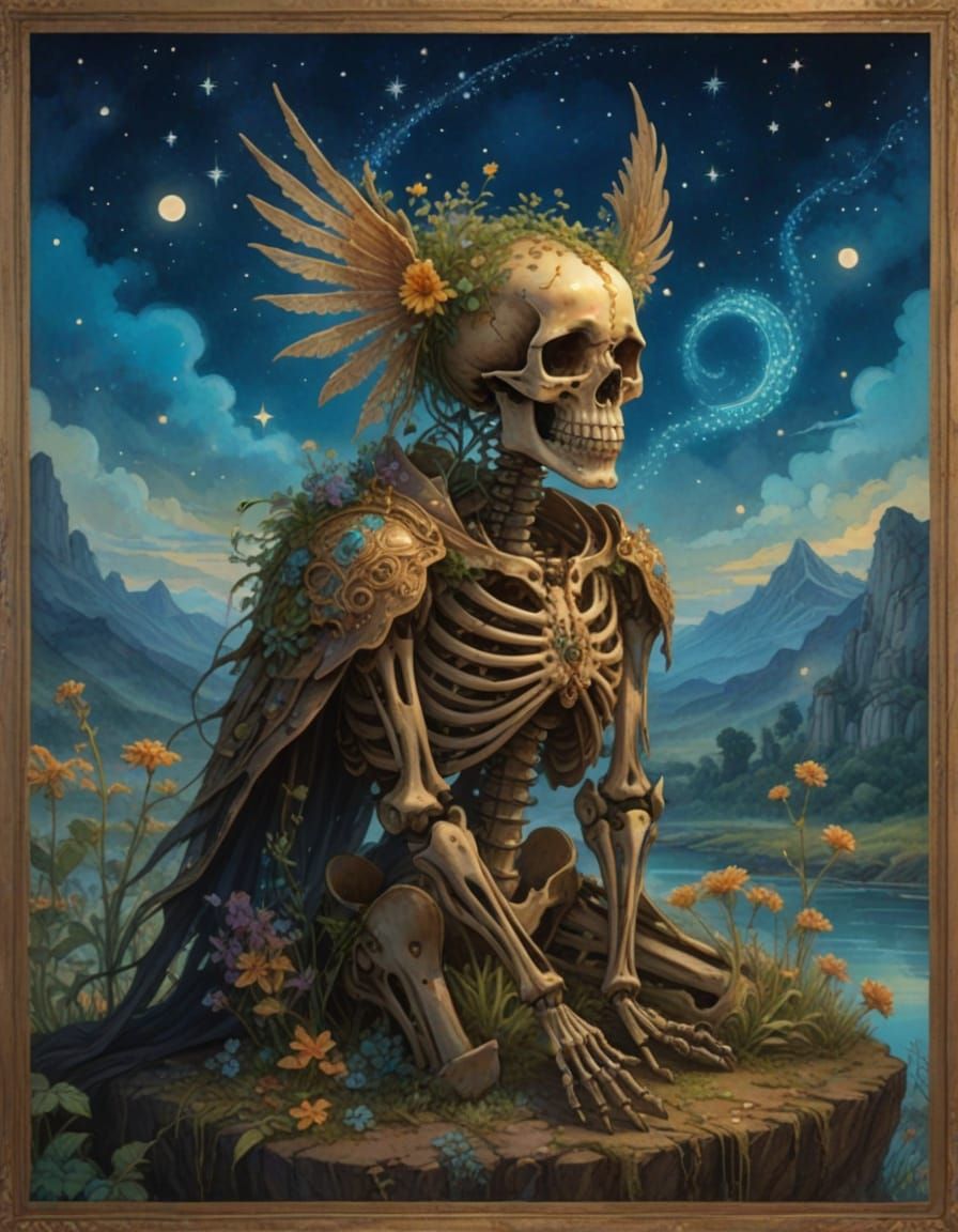 Bioluminescent Skeleton Guardian Fantasy Painting