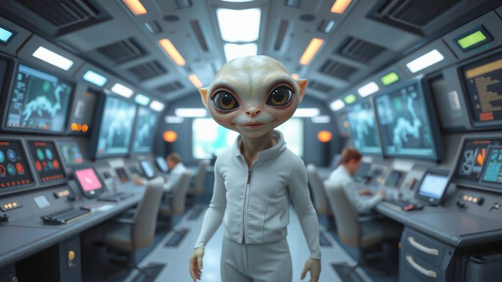 Friendly Alien in Detailed Spaceship Control Room