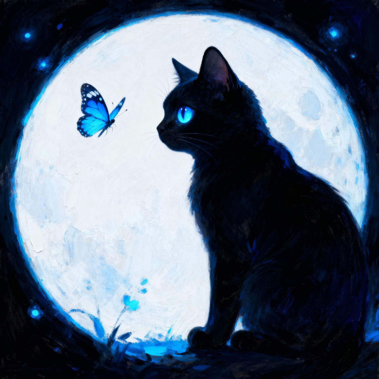 Black Cat with Glowing Eyes and Butterfly in Oil Painting St...