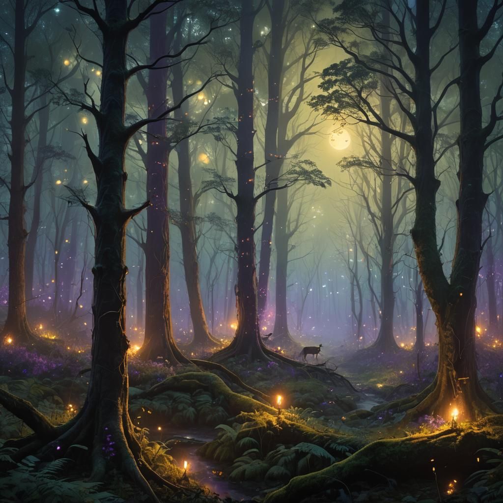 Mystical Ancient Forest at Night in Digital Art