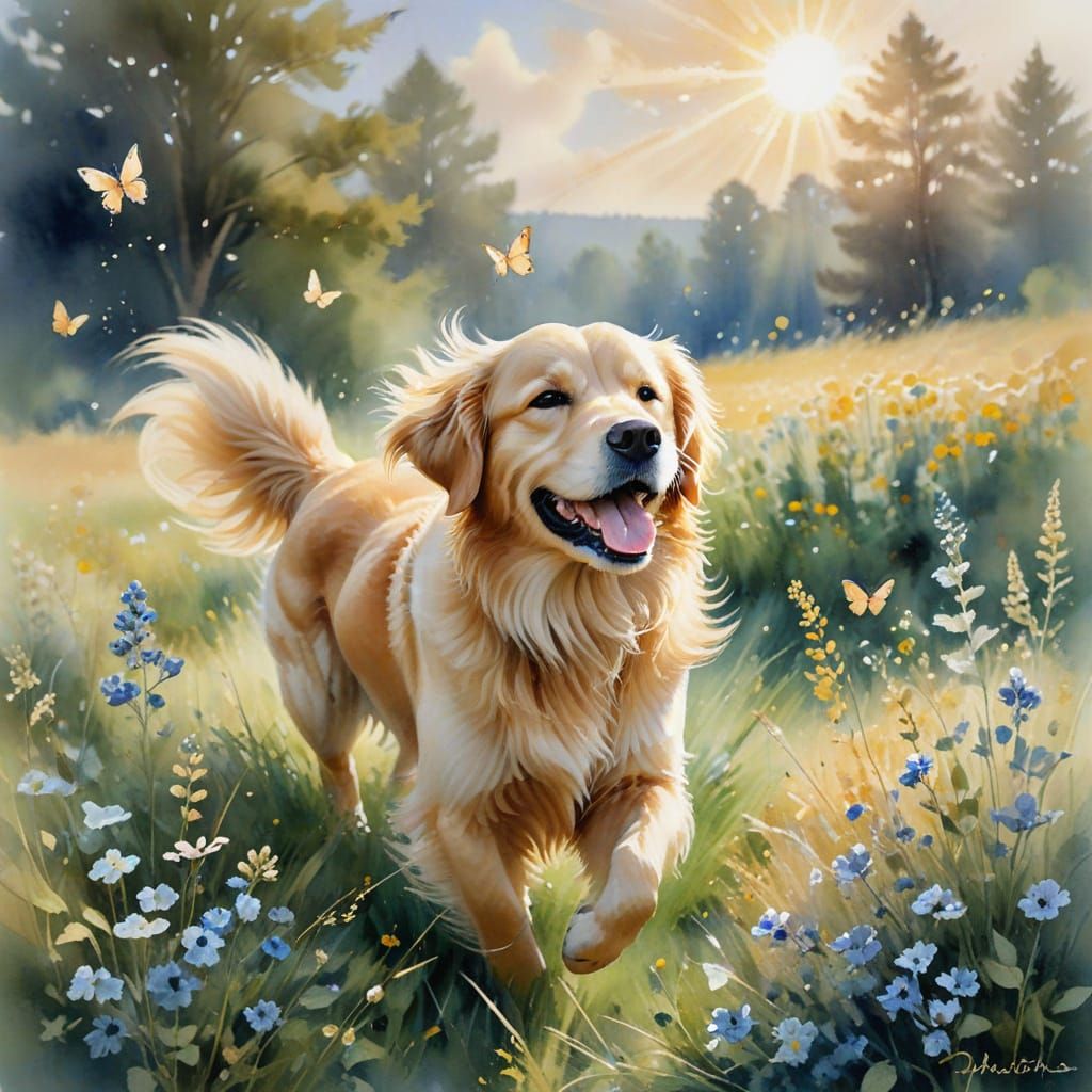 Golden Retriever in Sun-Drenched Meadow: Watercolor Painting