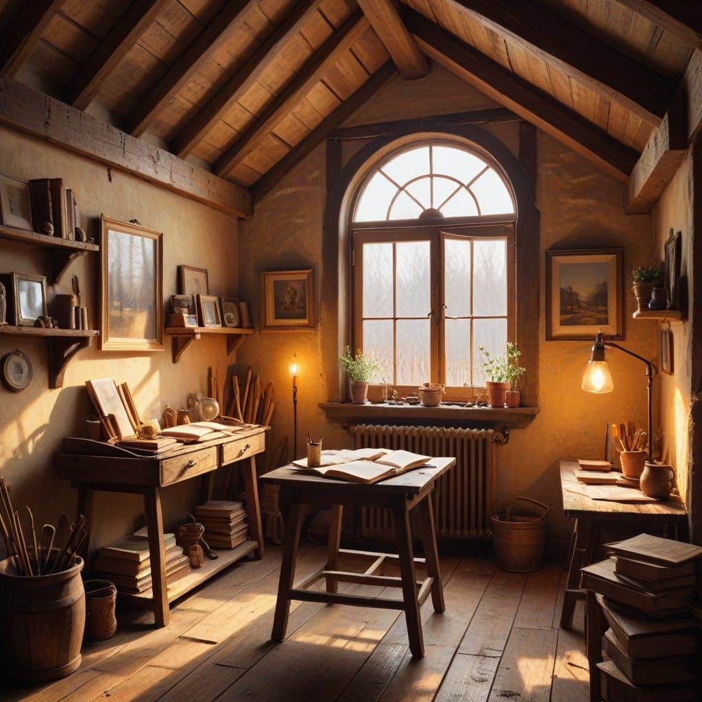 Cozy Attic Hobby Room in Impressionist Style