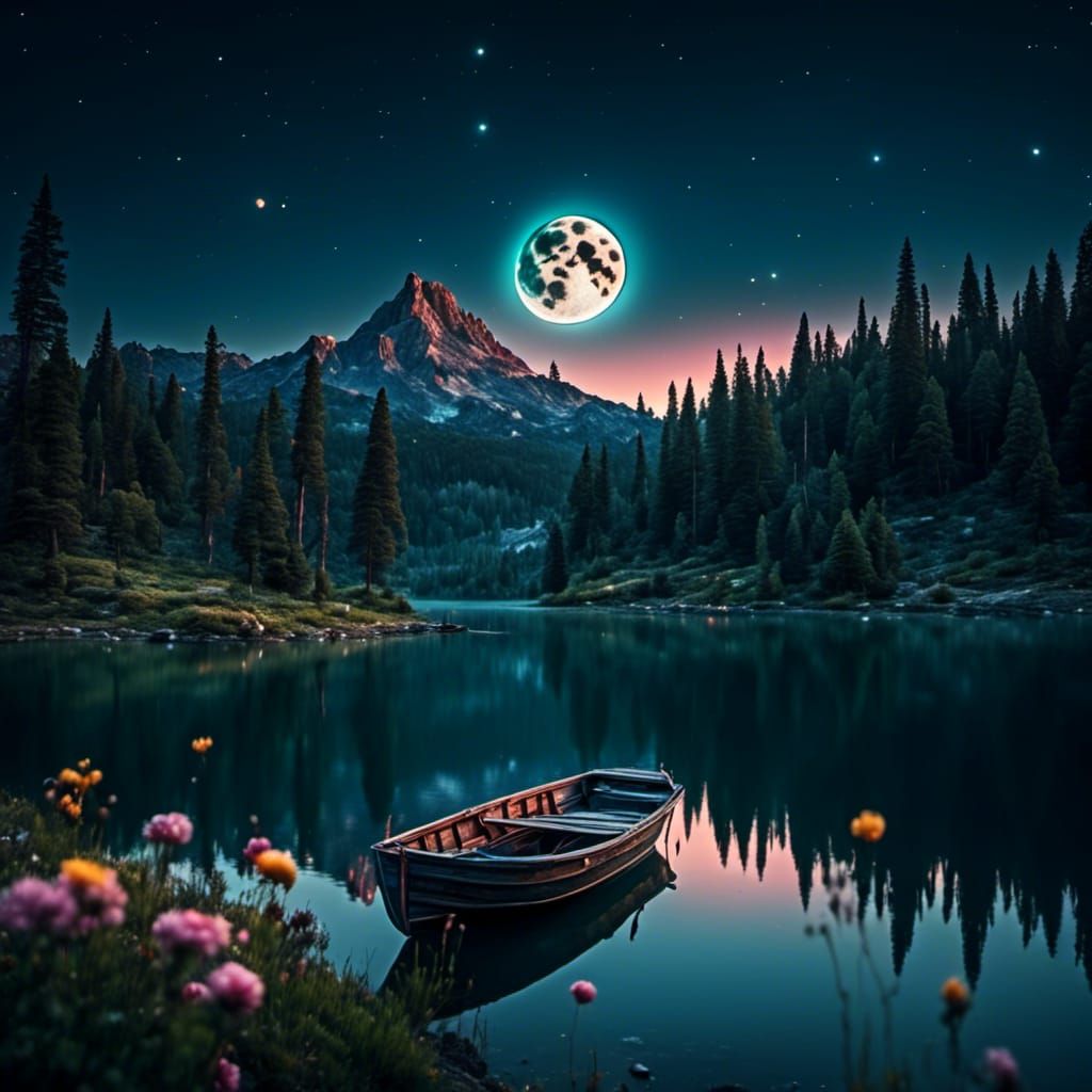 Picturesque Lake Landscape Under Brilliant Night Sky
