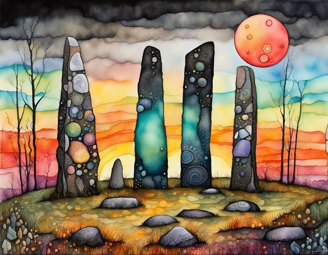 Surreal Standing Stones at Sunset in Fantasy Landscape
