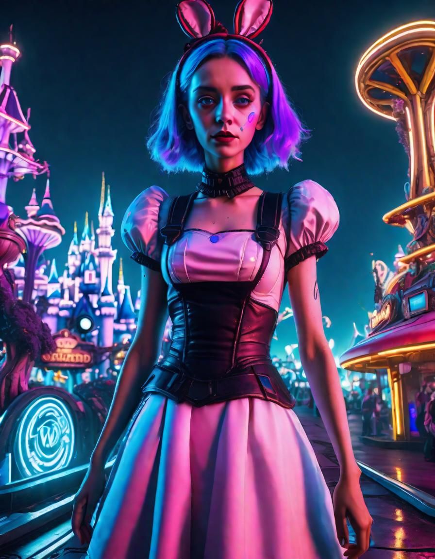 alice in wonderland in a Cyberpunk-style disneyland