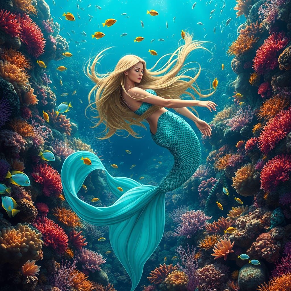 Majestic Mermaid in Thriving Coral Reef