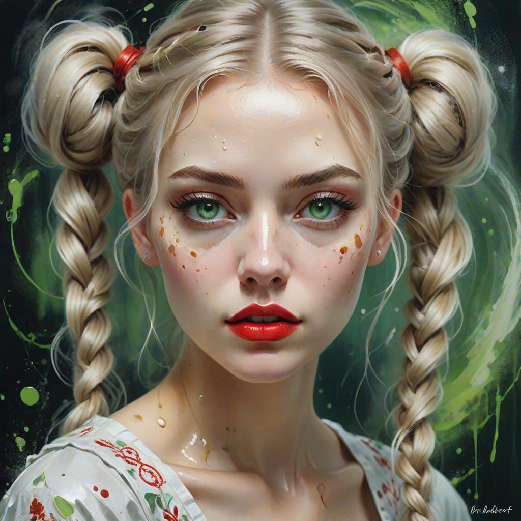 Concept Art Portrait of Young Woman with Ash Blonde Pigtails