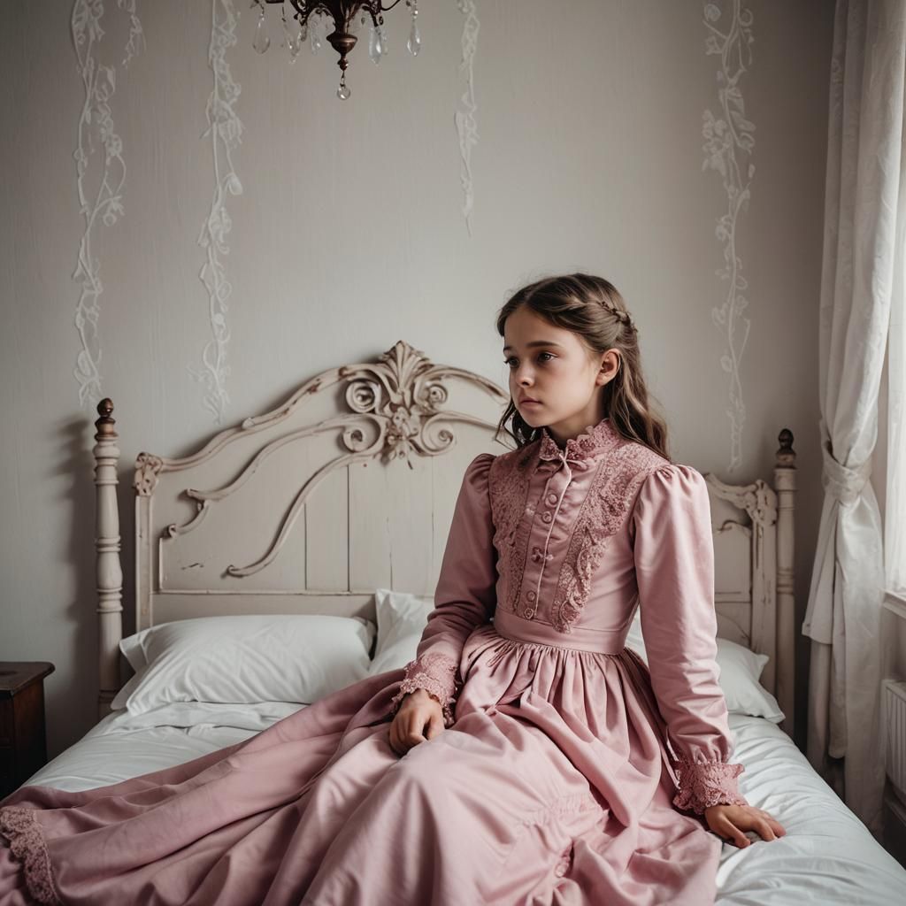 Sad Girl in Pink Victorian Dress Portrait