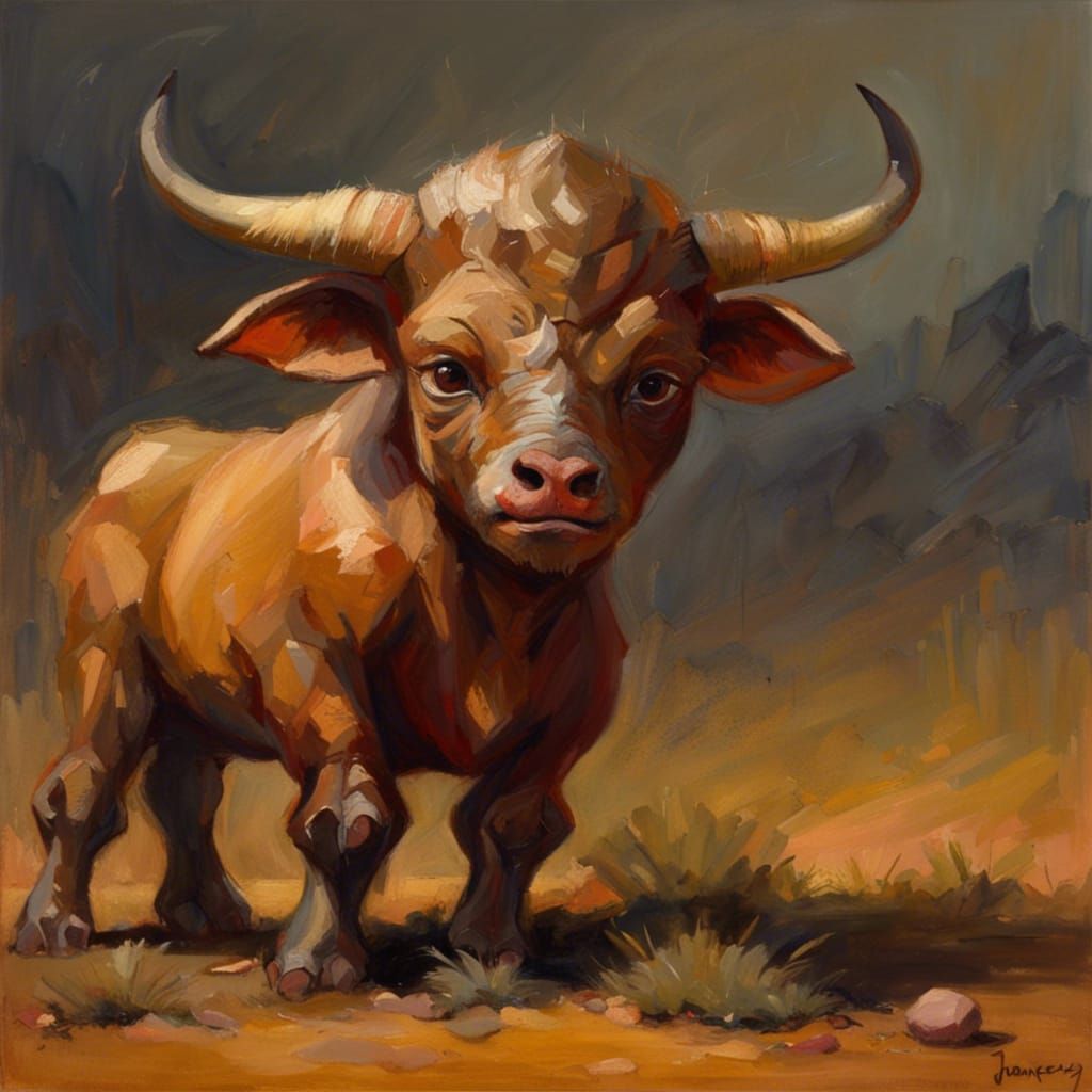 Baby Minotaur with Horns, Gurney-Style Oil Painting
