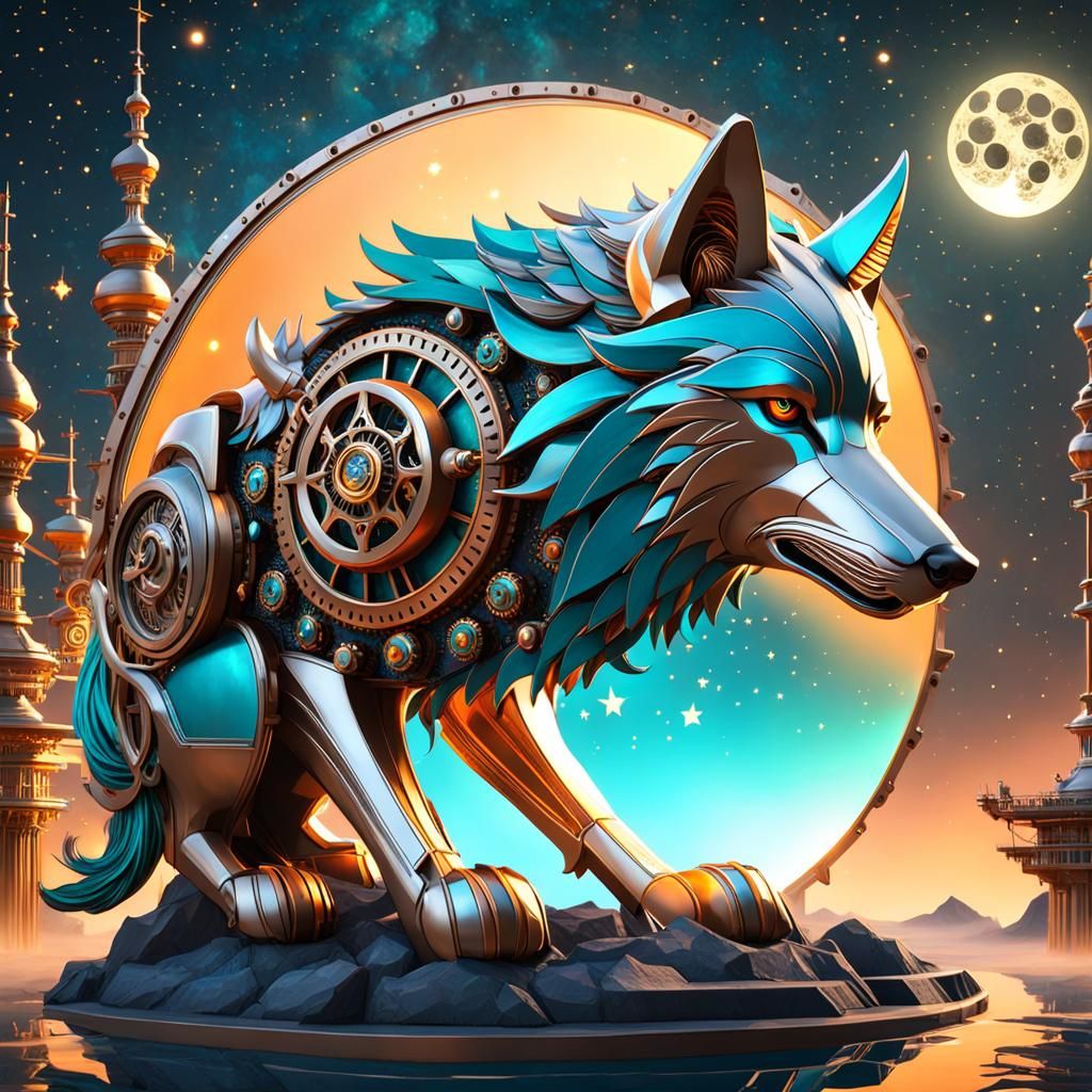 Steampunk Wolf Under Starry Night Sky